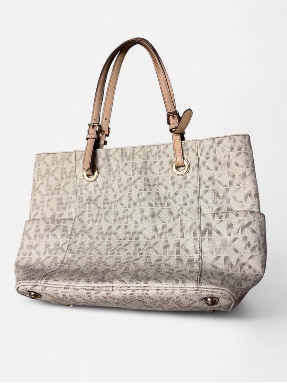 Michael Kors Beige Canvas Monogram Logo Tote  Bag